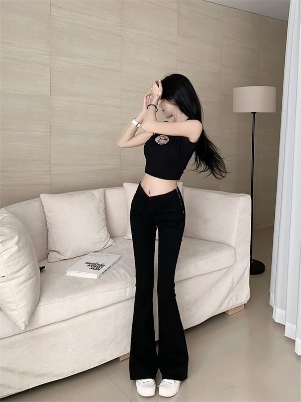 Waist Plain Pants Flared Mid