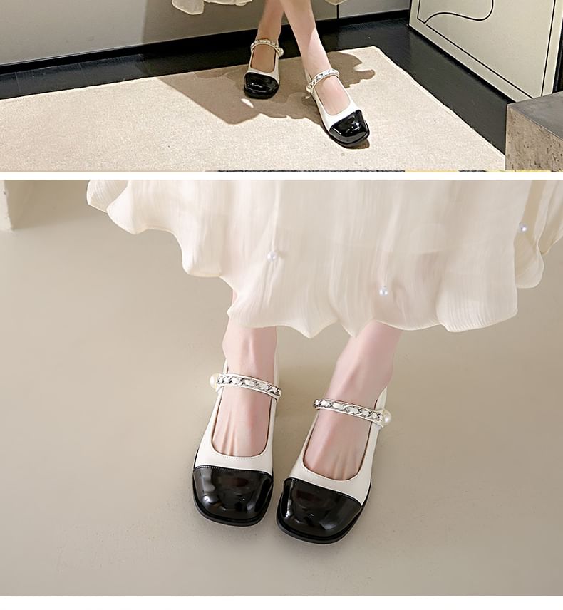 Heel Pumps Chunky Jane Accent Toe Mary Pearl Faux Cap