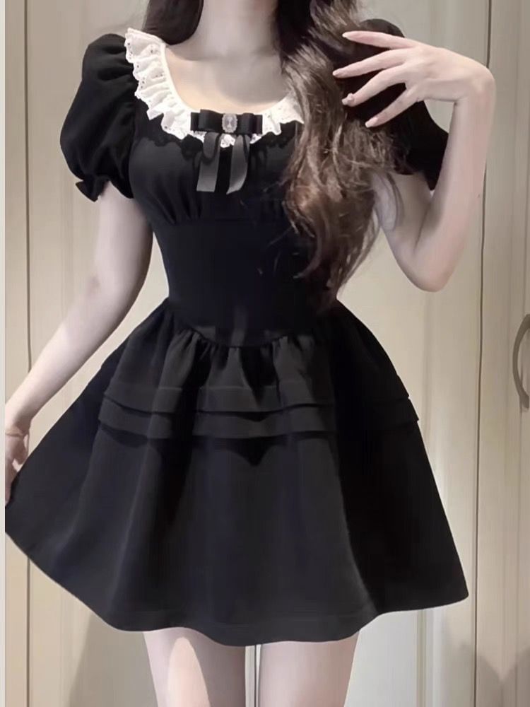 Mini Neck Ruffle Round Puff A-Line Dress Bow Sleeve