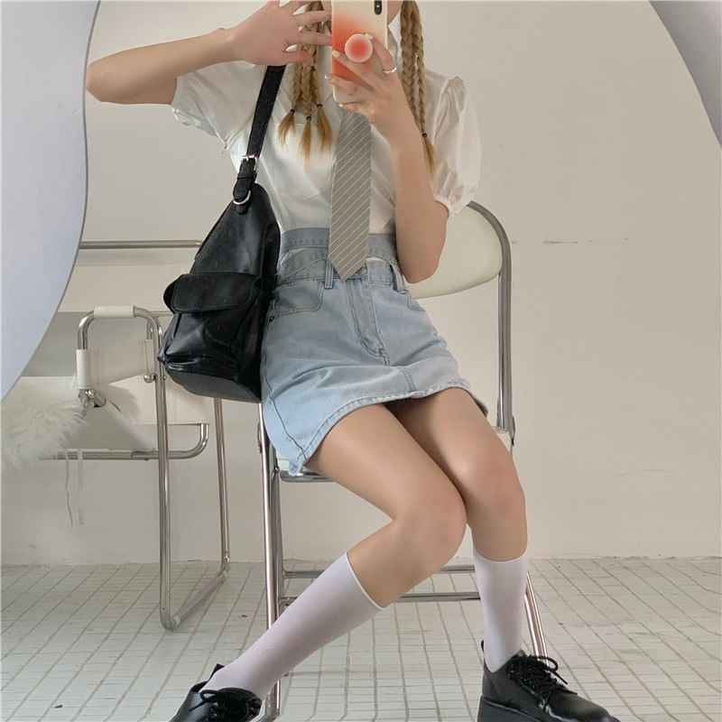 Skirt A-Line Rise Mini High Back Tie Washed Denim