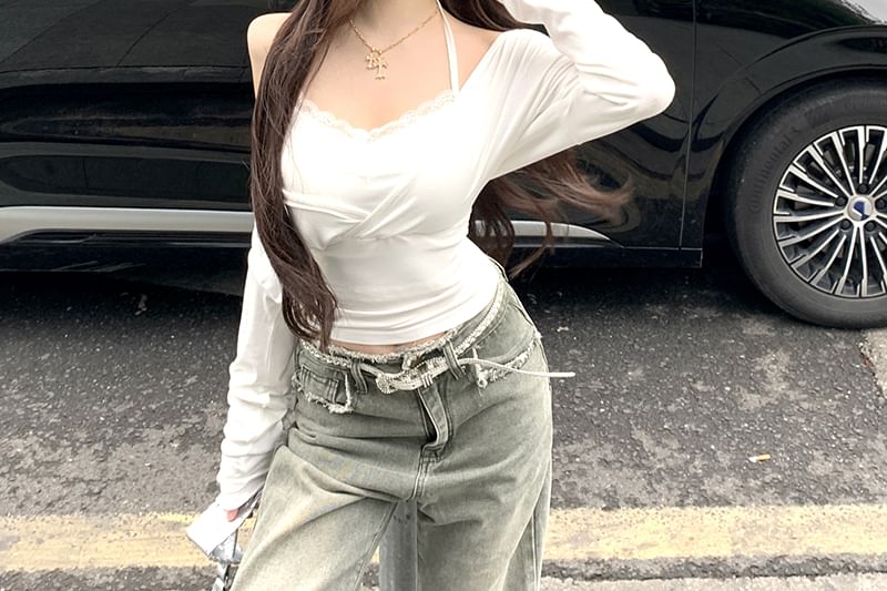 T-Shirt Long-Sleeve Camisole Top Set: Open Slim V-Neck Crop Fit Halter Plain Back +