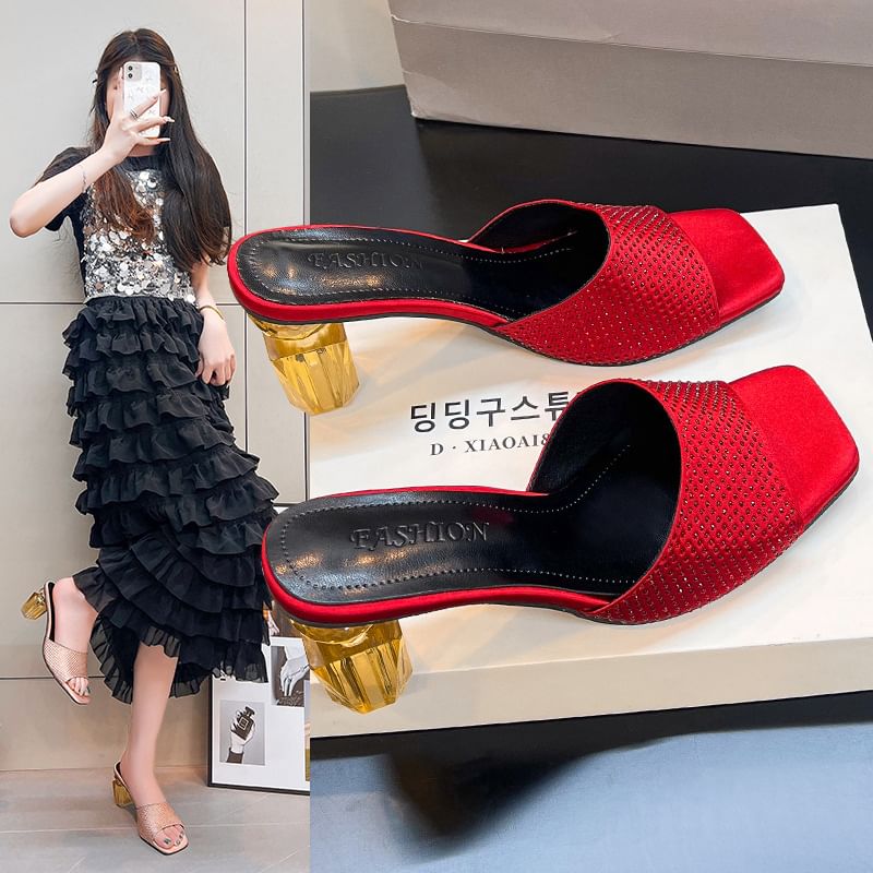Plain Slide Sandals Block Heel