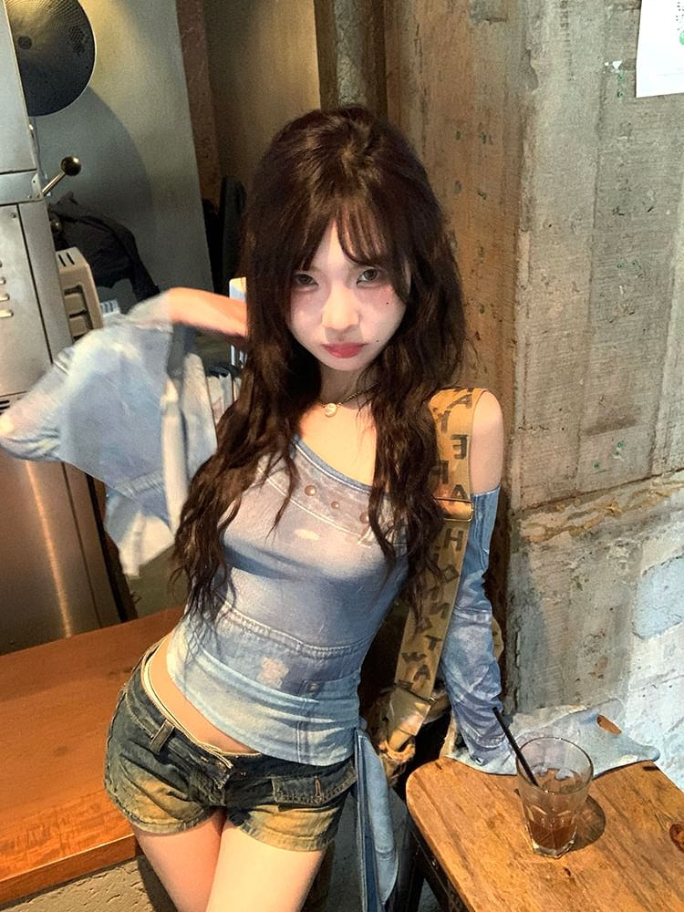 Print Crop Slim Neck Fit Asymmetrical Long-Sleeve Tee