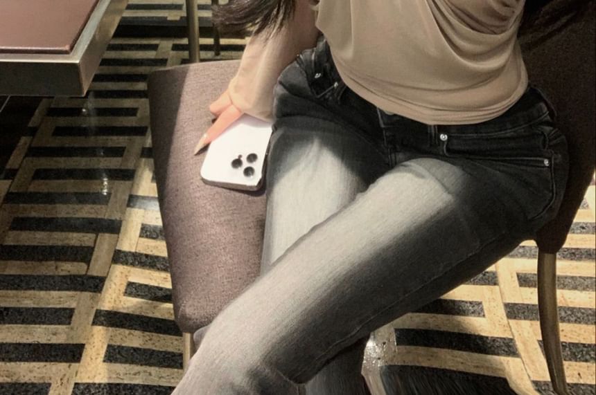 Ruched Blouse Plain Long-Sleeve Off-Shoulder Asymmetrical Neck