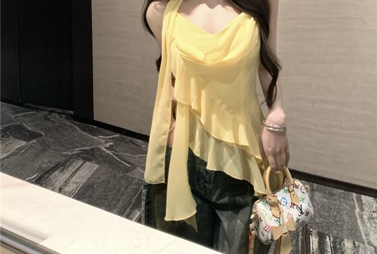 Set: Crop + Camisole Plain Top Hem Ruffle Scarf V-Neck Asymmetrical