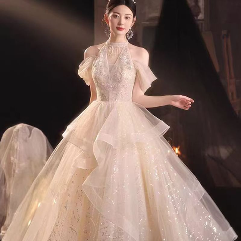 Sequined Ruffled Cold-Shoulder Gown Evening A-Line