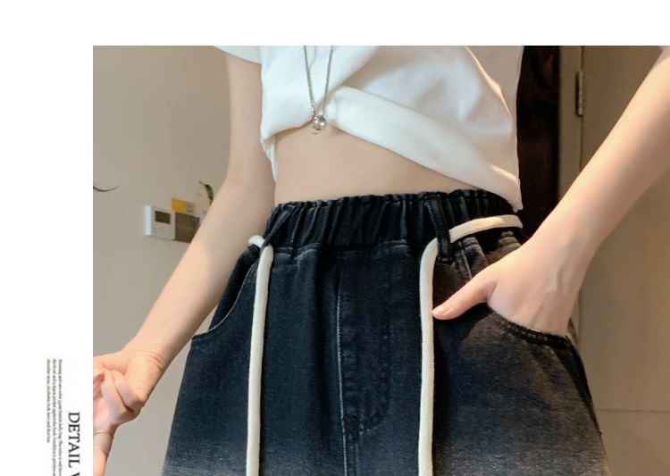 Denim Washed Waist Shorts Drawstring Fringed