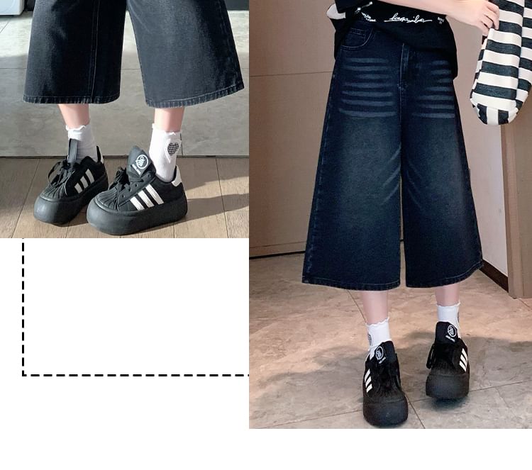 Wide Leg Washed Capri High Jeans Waist