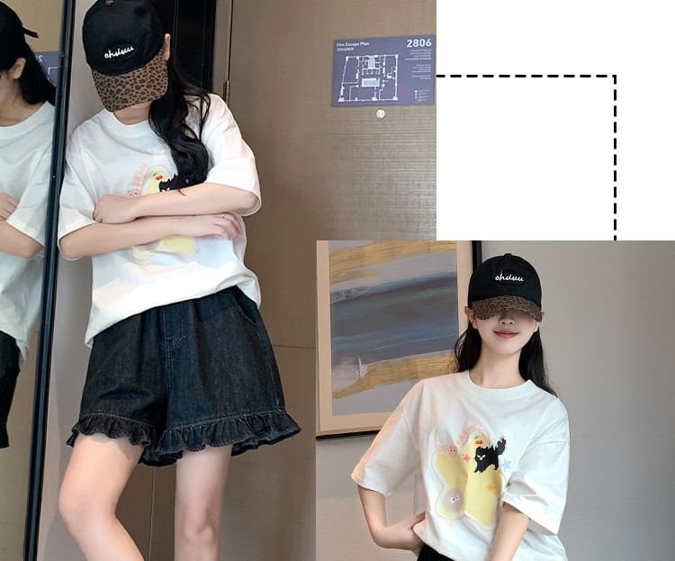 Denim Shorts Elastic Ruffle Waist Trim