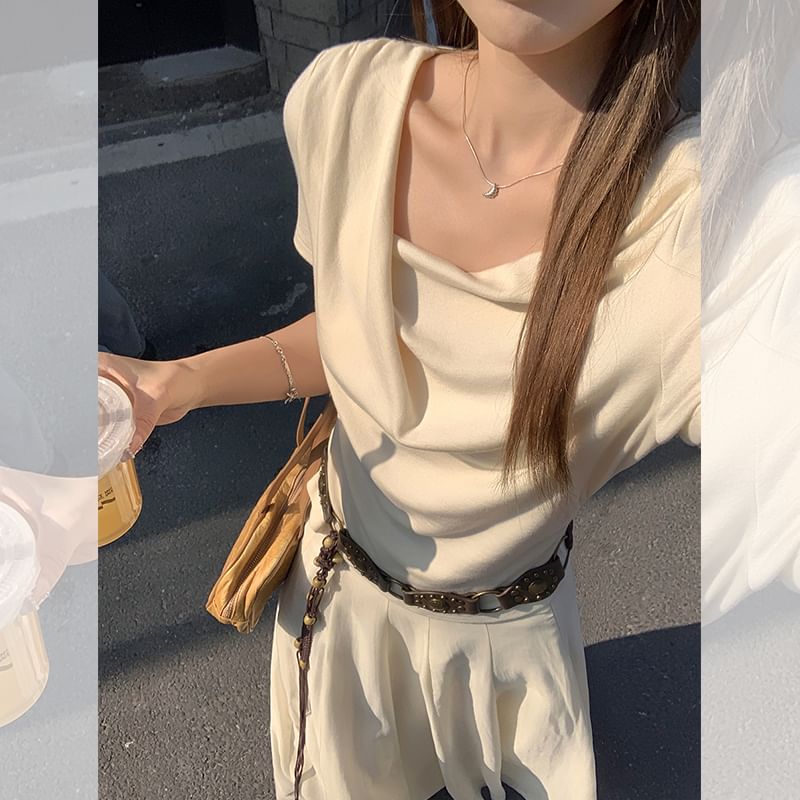 Short-Sleeve Slim Fit Neck Plain Cowl T-Shirt Ruched