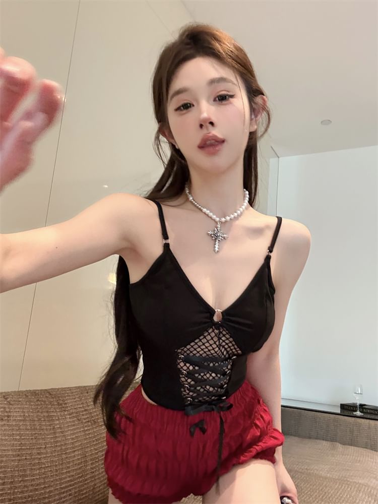 Crop Lace-Up Plain Mesh Top Fit Camisole Slim Panel