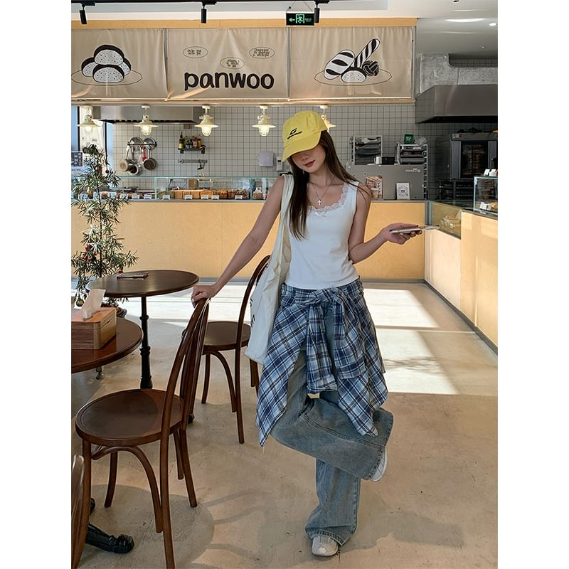 Lace Square Fit Tank Bow Neck Top Trim Plain Slim