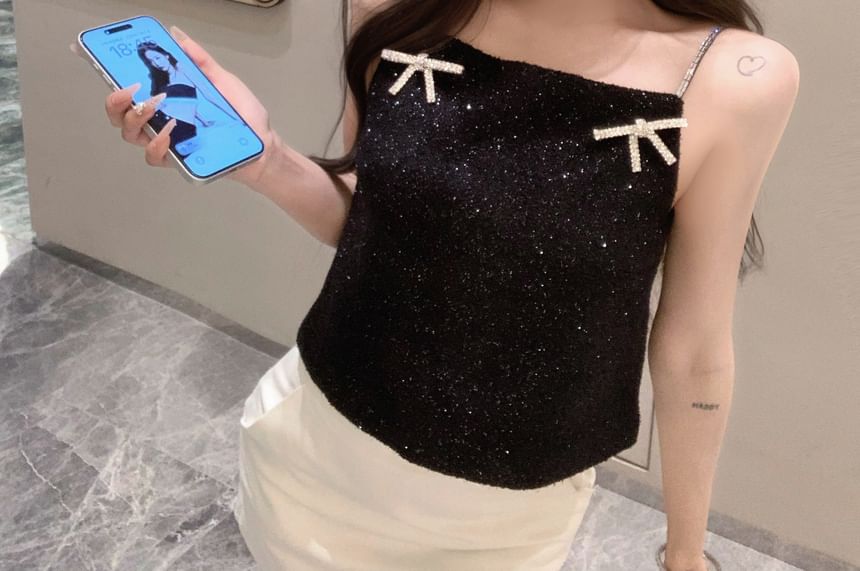 Bow Top Glitter Rhinestone Cami