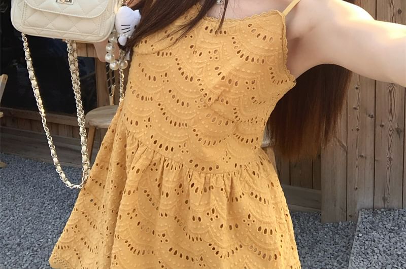Dress Mini Spaghetti Strap A-Line Eyelet Plain Embroidered