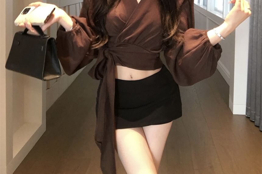 Wrap Long Plain Crop Sleeve V-Neck Blouse