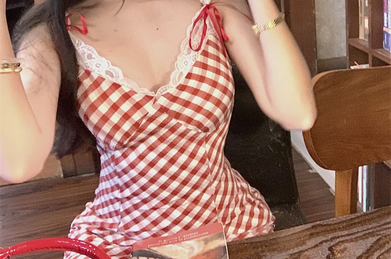 Plaid Bodycon Spaghetti Lace Bow Mini Dress Strap Trim