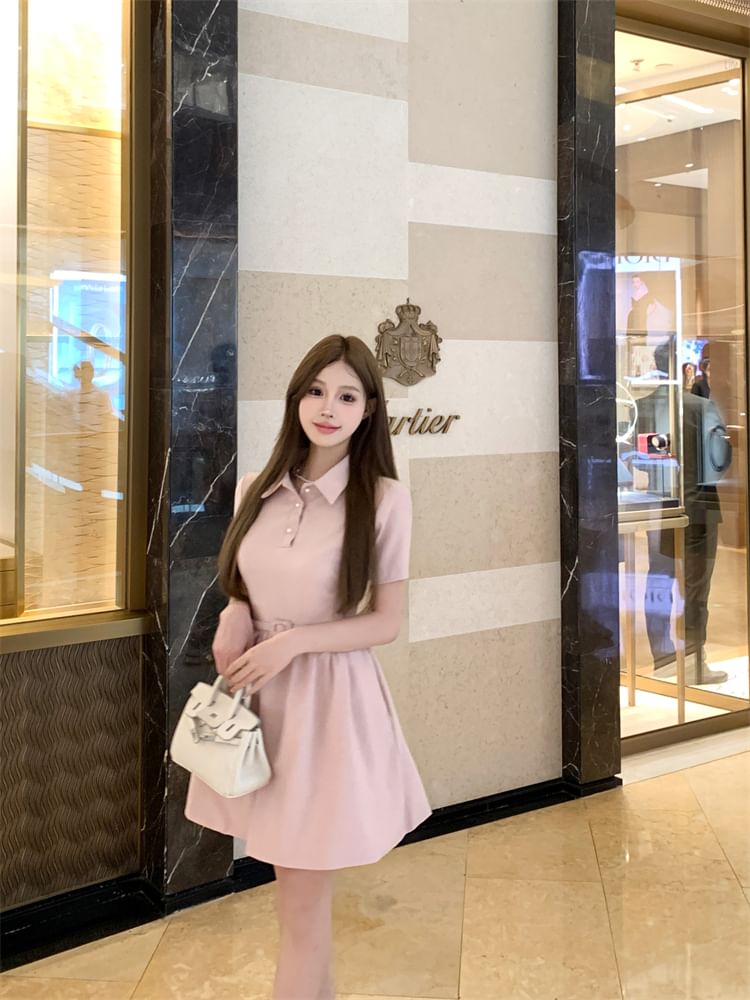 A-Line Collar Short-Sleeve Dress Plain Mini
