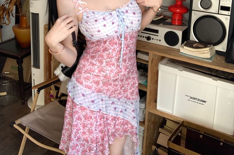 Bodycon Dress Strap Mini Floral Panel Spaghetti Asymmetrical Print