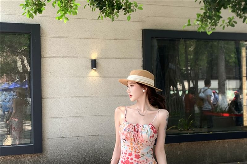 Mermaid Print Midi Floral Dress Strap Spaghetti