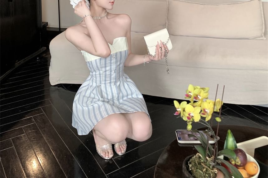 Strapless A-Line Striped Mini Dress