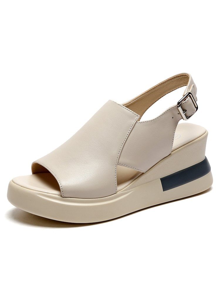 Plain Leather Slingback Wedge Sandals Heel Faux