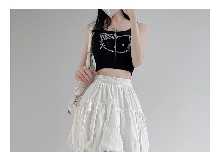 A-Line Bubble Hem Waist Bow Mini Elastic Skirt Plain