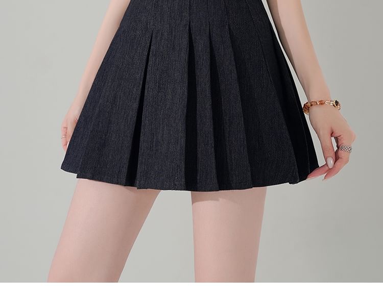 Denim Mini Pleated A-Line High Waist Skirt