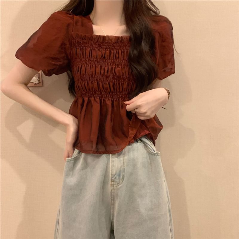Plain Ruched Square Neck Peplum Short-Sleeve Blouse