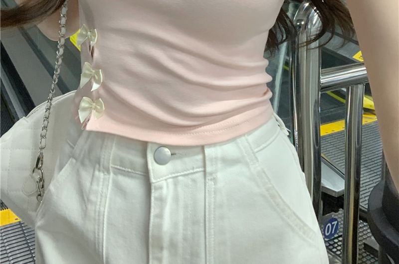 Cutout Tee Embroidered Crop Round Lettering Neck Bow Short-Sleeve Accent