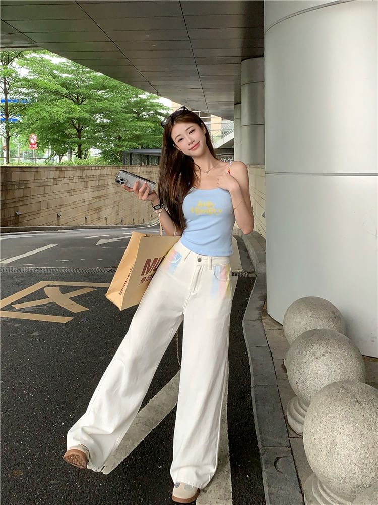 Neck Beaded Scoop Top Print Crop Cami Lettering