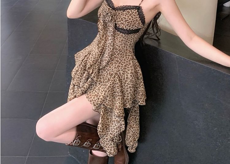 A-Line Mini Leopard Strap Asymmetrical Trim Print Lace Dress Spaghetti