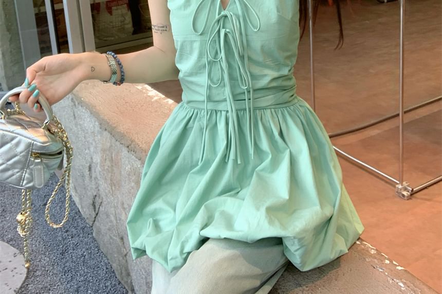 Mini Skirt Plain V-Neck Bow Halter A-Line Bubble Hem