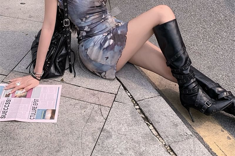 Neck Print A-Line Butterfly Cowl Dress Mini Sleeveless