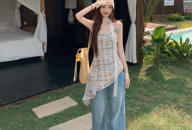 Top Asymmetrical Plaid Camisole