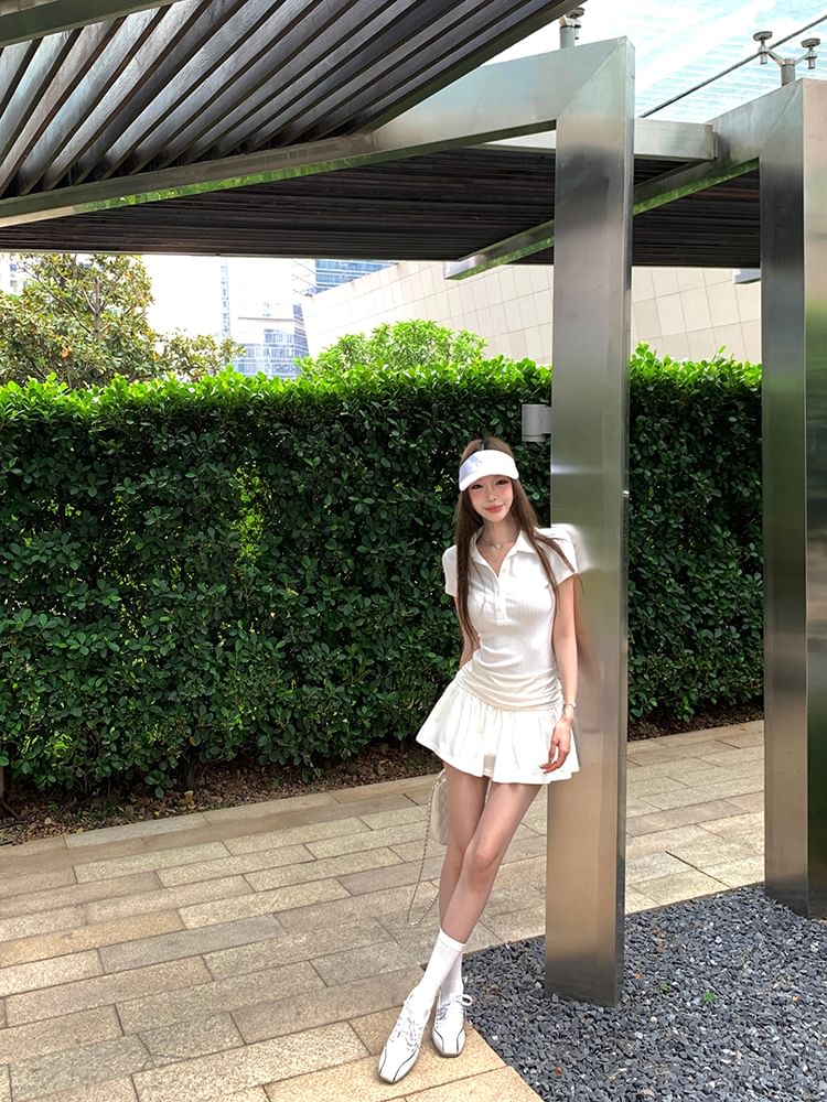 Plain Dress Short A-Line Polo Sleeve Ruched Mini