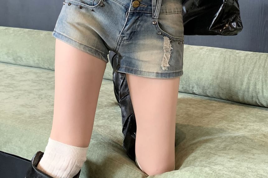 Mid Washed Rise Distressed Studded Shorts Denim