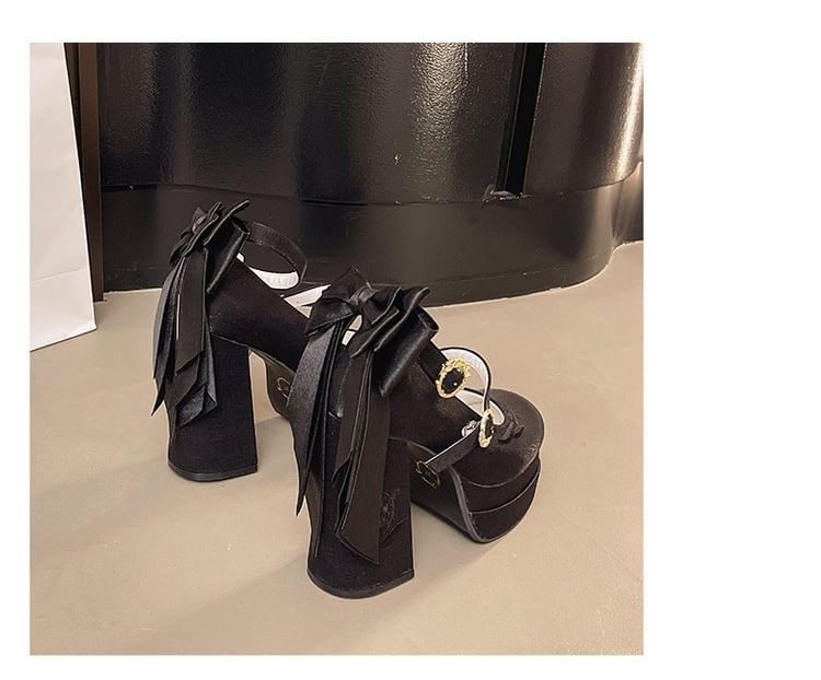 Jane Chunky Mary Heel Platform Shoes Embroidered Bow