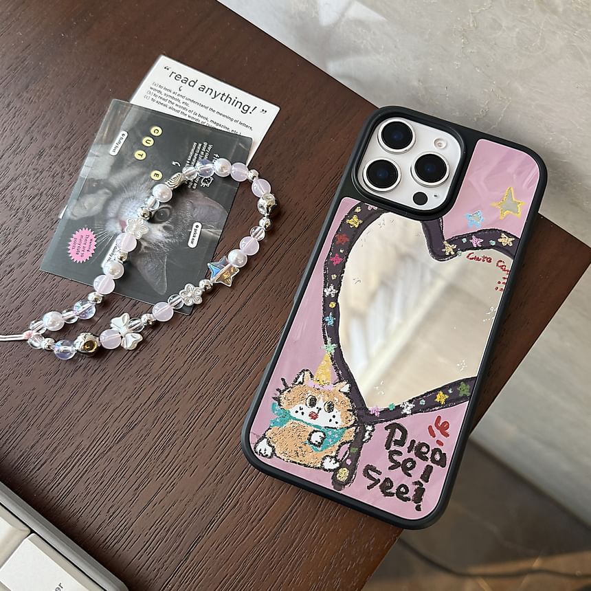 Heart Shape Mirror Phone Case / Star Bead Phone Strap / Set