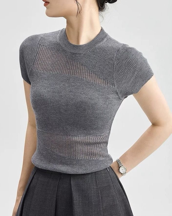 Cap-Sleeve Top Round Panel Sheer Plain Knit Neck