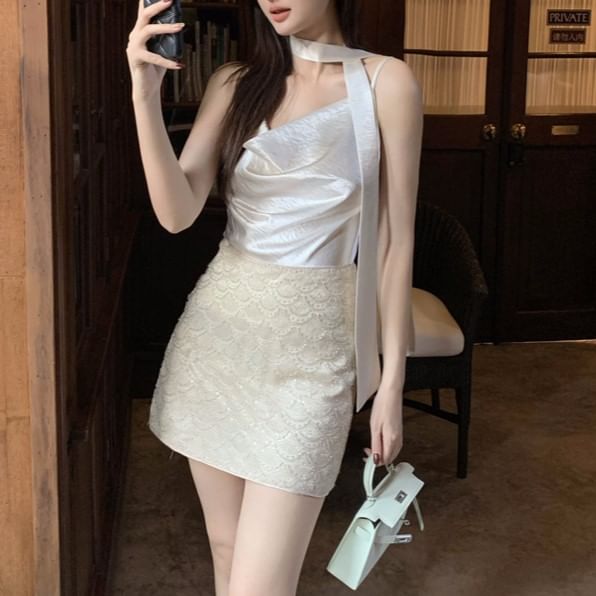 Spaghetti Camisole Strap Top Cowl Neck Plain