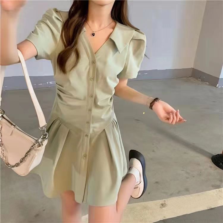 Button-Up Short-Sleeve V-Neck A-Line Dress Mini Plain