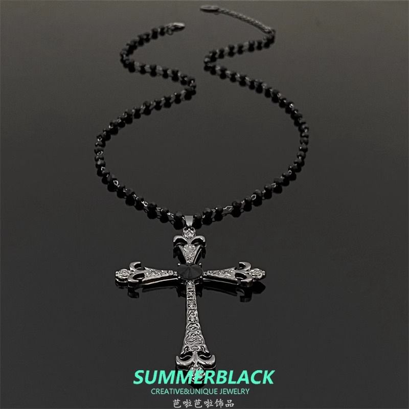 Station Faux Cross Pendant Gemstone Necklace