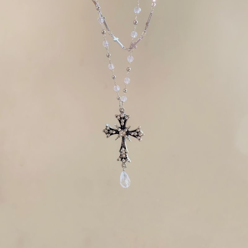 Bead Layered CZ Necklace Cross Pendant
