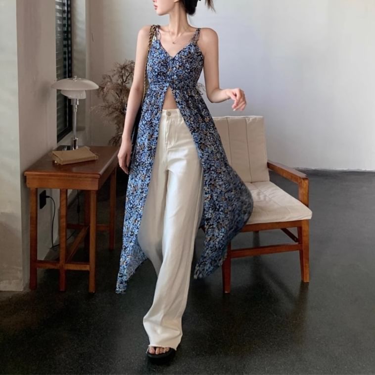 V-Neck Dress Sleeveless Print Floral Midi A-Line