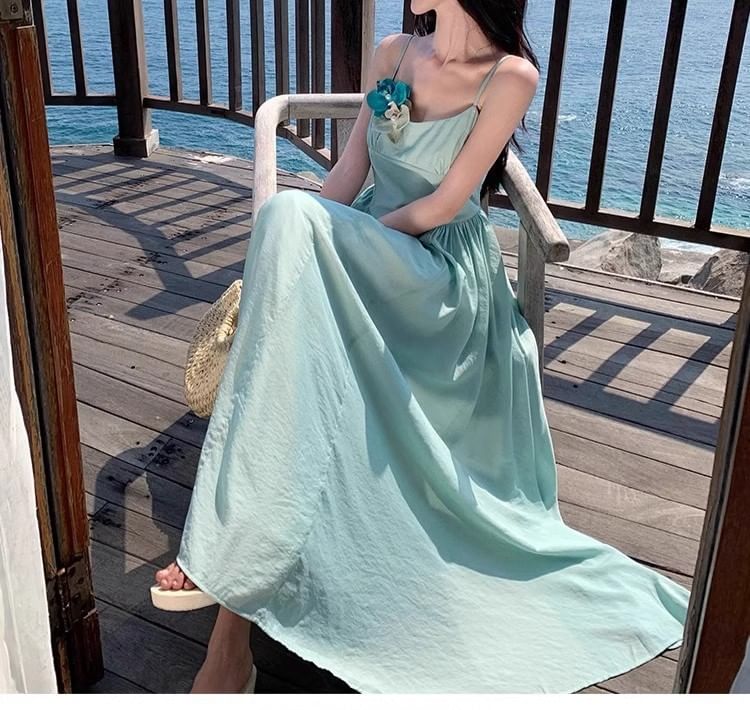 Strap Dress Spaghetti A-Line Floral Accent Maxi