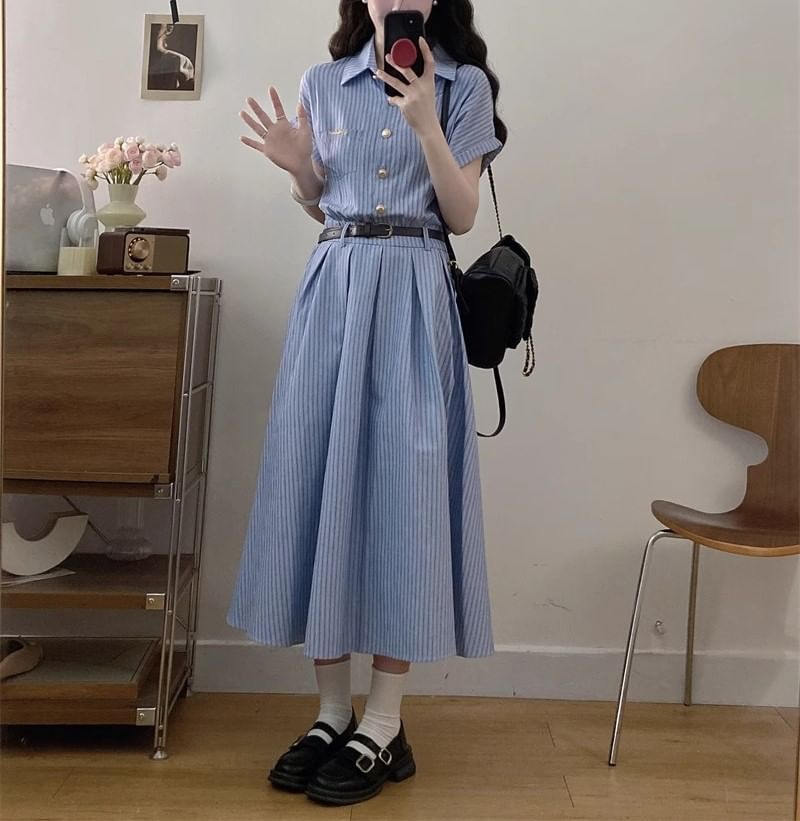A-Line Short-Sleeve Shirt Striped Dress Maxi
