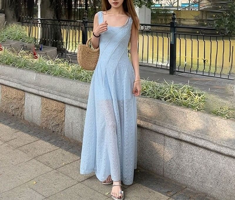 A-Line Neck Maxi Dress Sleeveless Square Plain