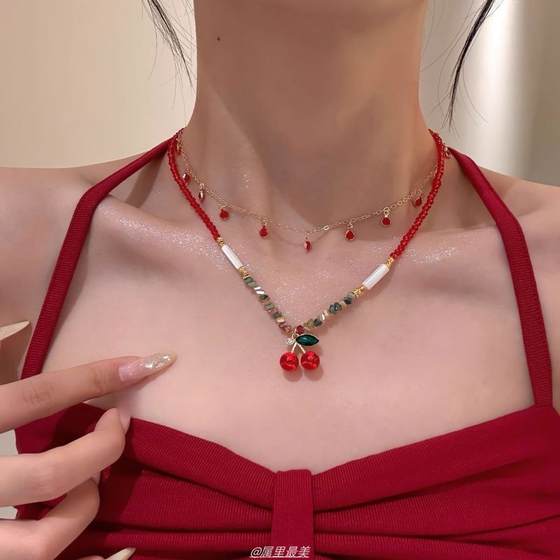 Pendant Beaded Layered Necklace Cherry