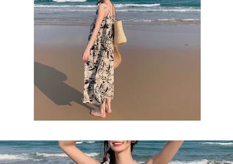 Dress Floral V-Neck Maxi Strap Print Spaghetti