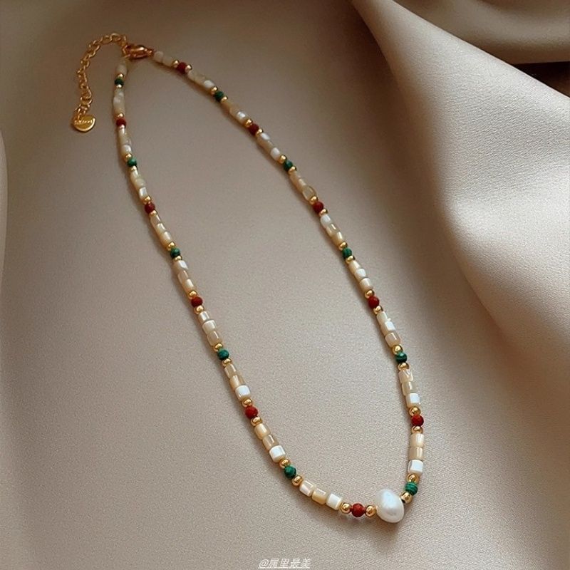 Gemstone Alloy Necklace Faux Pearl Bead